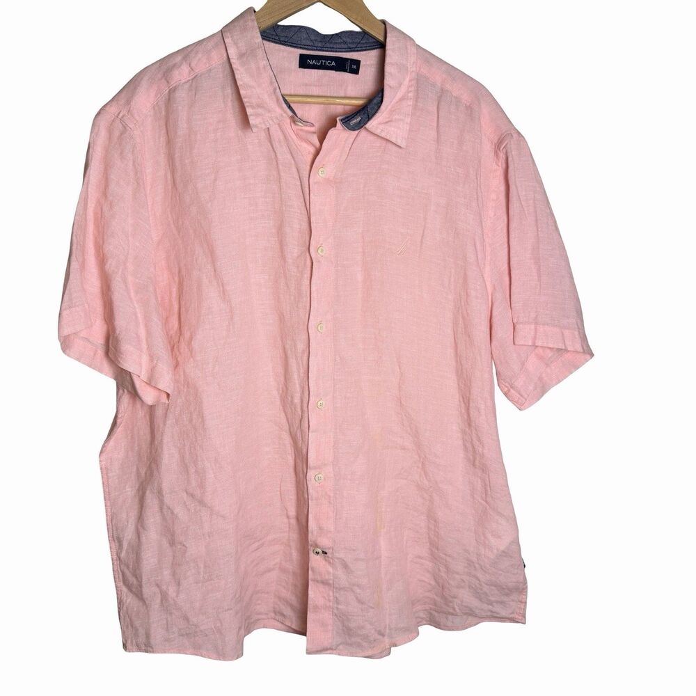 100% Linen Nautica Men's XXL Short Sleeve Top Coral Pink Button Up Collared Logo